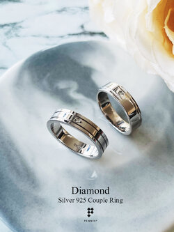 แหวนปลอกมีดตัดเรียบ ลายขีดบนล่าง เพชรแท้VS1 G color 0.015ct เงินชุบทองคำขาว