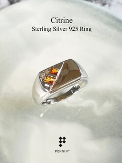 EVAN: แหวนพลอยผู้ชายซิทริน สีเหลืองส้ม สี่เหลี่ยม เงินแท้ 925 ชุบทองคำขาว ให้ลุคเท่ ทันสมัย