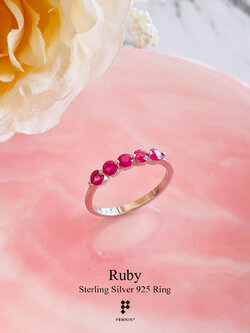 แหวนแถว ทับทิมสยาม จันทบุรี เผาเก่า เรียง 5 เม็ด แบบหวานสวย น่ารัก เสริมโชคลาภ ความรัก