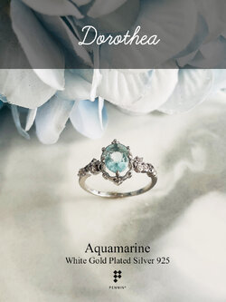 DOROTHEA: แหวนอควอมารีน (Aquamarine) 8x6mm แซมเพชร CZ ดีไซน์แนววินเทจ เงินแท้ชุบทองคำขาว