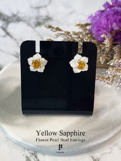 ต่างหูไข่มุกดอกไม้ฝังบุษราคัม 4.5mm 0.75ct หนามเตย แบบเสียบ