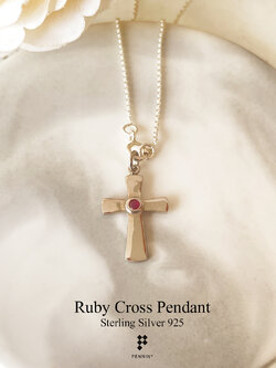 จี้กางเขนเรียบฝังหุ้มทับทิม เผาเก่า 2.5mm เม็ดเดียว // 2 ชิ้น