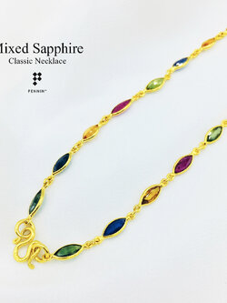 สร้อยคอทองคำแท้ รวมพลอยเนื้อแข็ง ทับทิม ไพลิน บุษราคัม เขียวส่อง หุ้มผ่าหวาย ยาว 20 นิ้ว น้ำหนักกว่า 3 สลึง เสริมโชคลาภสิริมงคล