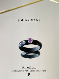 {GUARDIAN} แหวนนิลล้วนเจียตาข่าย ประดับพลอยอเมทิสต์ 4mm หุ้มเงินชุบทองคำขาว ปกป้องคุ้มครอง นำโชค