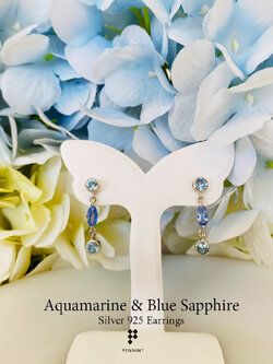 ต่างหู อควอมารีน (Aquamarine) และ Blue Sapphire เงินชุบทองคำขาว โทนสีพาสเทล ฟ้าอ่อน อ่อนหวาน สงบ สบายตา