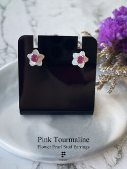 ต่างหูไข่มุกดอกไม้ พิ้งค์ ทัวร์มารีน (Pink Tourmaline) 3.5mm 0.40ct หนามเตย แบบเสียบ