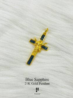 จี้กางเขนทองคำแท้ พระเยซูเสด็จขึ้นสวรรค์ ทอง 90 ไพลินแท้ งานขึ้นมือช่างทองจันทบุรี