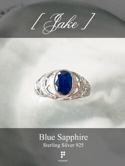 JAKE: แหวนพลอยผู้ชาย ไพลิน เงินแท้ 925 ชุบทองคำขาว แซมเพชรสวิส CZ ลวดลายโครงเหล็ก รูปตัว Y