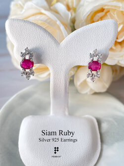 ต่างหูทับทิมจันทบุรี เผาเก่า Ruby Earrings แซมเพชร CZ แบบสวยหรู ใส่ติดหูได้ทุกโอกาส