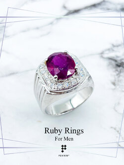 แหวนทับทิมสำหรับผู้ชาย ทับทิมแอฟริกา เผาใหม่ ล้อมเพชรสวิส CZ เงินแท้ชุบทองคำขาว สวย เท่ เสริมพลังอำนาจ โชคลาภ