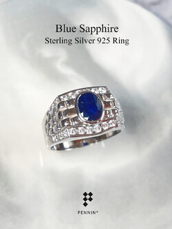 ARNO: แหวนพลอยผู้ชาย ไพลิน เงินแท้ 925 ชุบทองคำขาว แซมเพชรสวิส CZ เข้มแข็ง สง่างาม