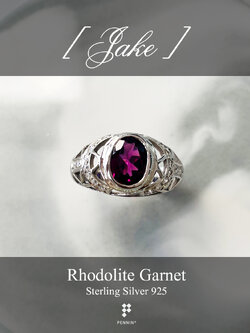 JAKE: แหวนพลอยผู้ชาย โรโดไลท์ เงินแท้ 925 ชุบทองคำขาว แซมเพชรสวิส CZ ลวดลายโครงเหล็ก รูปตัว Y