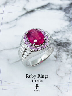 แหวนทับทิมสำหรับผู้ชาย ทับทิมแอฟริกา เผาใหม่ ล้อมด้วยทับทิมสยาม เงินแท้ชุบทองคำขาว ลายสายนาฬิกา สวย เท่ เสริมพลังอำนาจ โชคลาภ