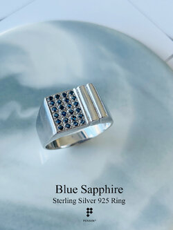 HUGO: แหวนพลอยแท้ผู้ชาย ไพลิน กาญจนบุรี เงินแท้ชุบทองคำขาว หน้าสี่เหลี่ยม แนวโมเดิร์น เข้มแข็ง สง่างาม