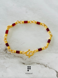 สร้อยข้อมือทอง 90 ทองคำแท้หุ้มพลอยโกเมน สีแดง ใส เกรดสวย งานขึ้นมือทอง 90 ยาว 15.5 ซม.