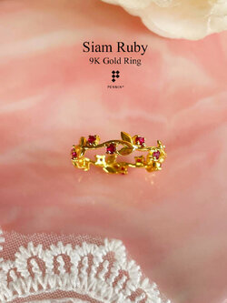 แหวนช่อมะกอก ประดับพลอยทับทิมสยามรอบวง ทองคำแท้ 9K นำชัยชนะ โชคลาภ ความสุขสมบูรณ์