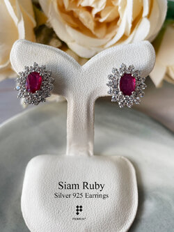 ต่างหูทับทิมจันท์เผาเก่า ล้อมเพชรสวิส CZ เกรด TOP 6A เงินแท้ชุบทองคำขาว ดีไซน์สวยหรูคลาสสิก