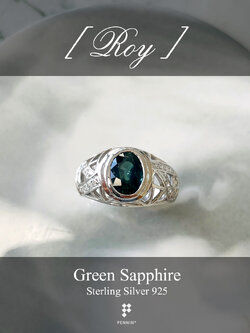 ROY: แหวนพลอยผู้ชาย มรกตเขียวส่อง เงินแท้ 925 ชุบทองคำขาว แซมเพชรสวิส CZ ลวดลายสามเหลี่ยม