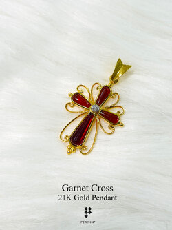 จี้กางเขนทองคำแท้ ประดับพลอยโกเมน เพชรแท้ 0.045ct งานขึ้นมือทอง 90 พลอยแท้จันทบุรี