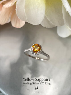 แหวนบุษราคัม บางกะจะ จันทบุรี กลม 6mm ล้อมเพชรสวิส CZ แซมเพชรบ่าข้าง สวยหรู เงินแท้ชุบทองขาว