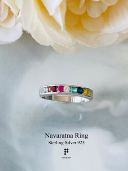 [SALE20%]แหวนนพเก้าเรียงเก้าเม็ดแบบฝังสอด วางพลอยตามตำราไทยแท้ เงินแท้ชุบทองขาว เรียบ เท่ เสริมโชคลาภ