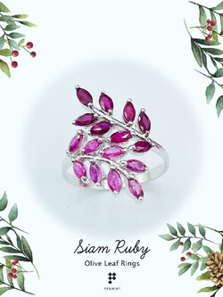 แหวนใบมะกอกทับทิมสยามมาคี ช่อ 8 ใบฝังเตย เงินแท้ 925 ชุบทองขาว นำโชคลาภ ความสุข และความสำเร็จ