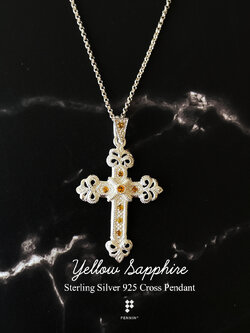 กางเขนบุษราคัม 1.5 mm 7 เม็ด ขนาด 3x2.5cm เงินชุบทองคำขาว