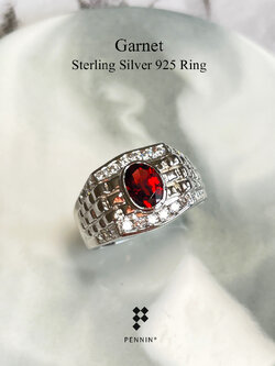 ARNO: แหวนพลอยผู้ชาย โกเมน (Garnet) เงินแท้ 925 ชุบทองคำขาว แซมเพชรสวิส CZ เข้มแข็ง สง่างาม
