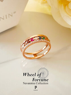 แหวนนพเก้า วงล้อแห่งโชคลาภ Wheel of Fortune II พลอยนพเก้าแท้ตามตำราไทย ชุบPink Gold สวยหรูนำโชคลาภ