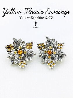 ต่างหูดอกไม้ซ้อนสี่ชั้น บุษราคัม แซมเพชรสวิส CZ เกรด Top 6A เงินแท้ 92.5% ชุบทองคำขาว