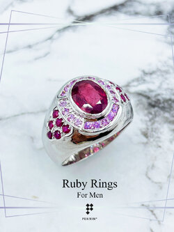 แหวนทับทิมสำหรับผู้ชาย ทับทิมแอฟริกา เผาใหม่ แซมบ่าข้างและล้อมด้วยทับทิมสยาม เงินแท้ชุบทองคำขาว สวย เท่ เสริมพลังอำนาจ โชคลาภ