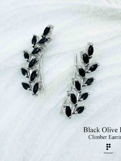 ต่างหูช่อมะกอก ใบมะกอก แบบเกาะหู Climber Earrings ประดับพลอยนิลดำ กาญจนบุรี