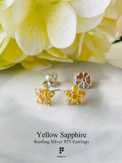 ต่างหูบุษราคัม จันทบุรี ดีไซน์รูปดอกไม้สวยน่ารัก ใส่ติดตัวเสริมโชคลาภได้ทุกวัน