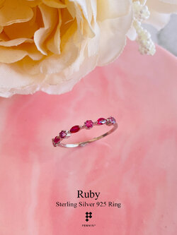 แหวนแถวทับทิมสยาม จันทบุรี เผาเก่า 7 เม็ด กลมสลับมาคี แบบมินิมอล สวยน่ารัก เสริมความรัก โชคลาภ