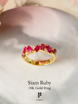 แหวนทองคำแท้ 18K ทับทิมสยาม เผาเก่า สี่เหลี่ยม แบบสวยเก๋ เสริมโชคลาภ ความรัก