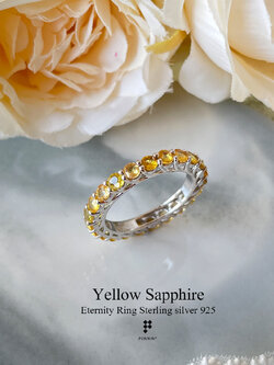 EYANA: Eternity Ring: แหวนบุษราคัม บางกะจะ จันทบุรี ฝังพลอยรอบวง เงินแท้ชุบทองคำขาว นำโชคลาภสู่เจ้าของไม่มีที่สิ้นสุด