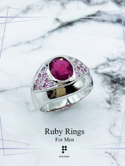 แหวนทับทิมสำหรับผู้ชาย ทับทิมแอฟริกา เผาใหม่ แซมปีกบ่าข้างด้วยทับทิมสยาม เงินแท้ชุบทองคำขาว สวย เท่ เสริมพลังอำนาจ โชคลาภ