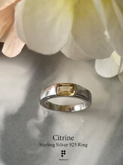 Rectangle Ring: แหวนCitrine สี่เหลี่ยมผืนผ้า 7x5mm 0.35ct เงินแท้ชุบทองคำขาว เรียบ เท่ มีสไตล์