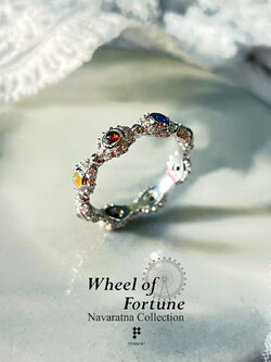 [SALE20%]แหวนนพเก้า ชุด Wheel of Fortune IV พลอยนพเก้าแท้ตามตำรา ล้อมเพชรรอบวง เงินชุบทองคำขาว เสริมโชคลาภสิริมงคล