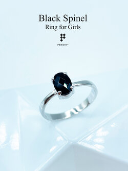 แหวนนิล (Black Spinel Ring) นิลชูเม็ดเดี่ยว 7x5mm เจียระไนตาข่าย แบบเรียบ สวย ดึงดูดโชคลาภ
