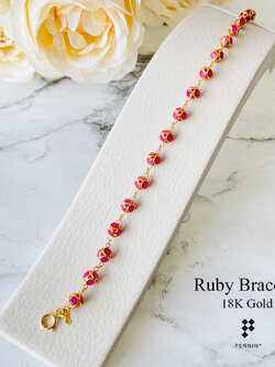 สร้อยข้อมือตะกร้อทองคำแท้ 18K ทับทิมพม่า ขนาดตะกร้อ 6mm คั่นโซ่ทอง ยาว 18 cm (แก้ขนาดได้)