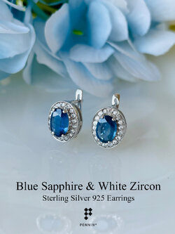 ต่างหูไพลิน กาญจนบุรี เผาเก่า ล้อมเพทายขาว แบบคลิปหางกระรอก เงินแท้ 925 ชุบทองคำขาว เสริมโชคลาภร่ำรวย