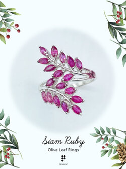 แหวนใบมะกอกทับทิมสยามมาคี ช่อ 9 ใบฝังเตย เงินแท้ 925 ชุบทองขาว นำโชคลาภ ความสุข และความสำเร็จ