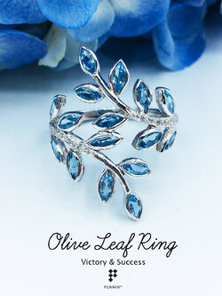 แหวนใบมะกอกบลู โทปาซ ช่อ 8 ใบก้านเพชรสวิส CZ นำชัยชนะ โชคลาภ และความร่ำรวย ไม่มีที่สิ้นสุด