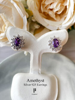 ต่างหู อเมทิสต์ Amethyst 6x4mm ล้อมเพชรสวิส CZ เกรด TOP 6A เงินแท้ชุบทองคำขาว ดีไซน์สวยหรูคลาสสิก