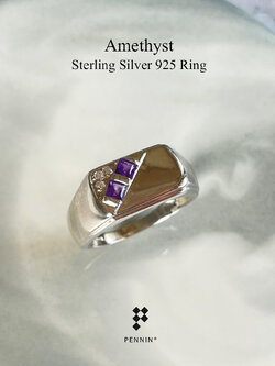 EVAN: แหวนพลอยผู้ชายอเมทิสต์ สีม่วง สี่เหลี่ยม เงินแท้ 925 ชุบทองคำขาว ให้ลุคเท่ ทันสมัย