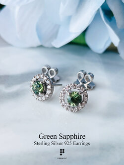 Classy Round Green Sapphire Earrings ต่างหูมรกตเขียวส่องล้อมเพชร แบบคลาสสิค ใส่สวยได้ทุกโอกาส