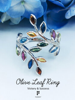 แหวนใบมะกอกพลอย 8 สี ช่อ 8 ใบก้านเพชรสวิส CZ นำชัยชนะ โชคลาภ และความร่ำรวย ไม่มีที่สิ้นสุด