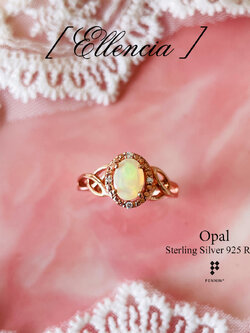 ELLENCIA: แหวน Opal เจียน้ำ 7x5mm ล้อมเพชร CZ ลายใบไม้ ชุบ Pink Gold แนววินเทจ สวยหวานดุจเจ้าหญิง