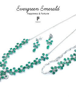 Evergreen Jewelry Set: ชุดเครื่องประดับมรกต สร้อยคอ สร้อยข้อมือ ต่างหู มรกตแท้แซมเบีย เงินแท้ 925 ชุบทองคำขาว